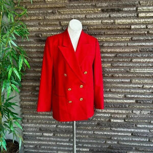 Vintage 90s Hong Kong Made Red 100% Wool Double Breasted Gold Buttons